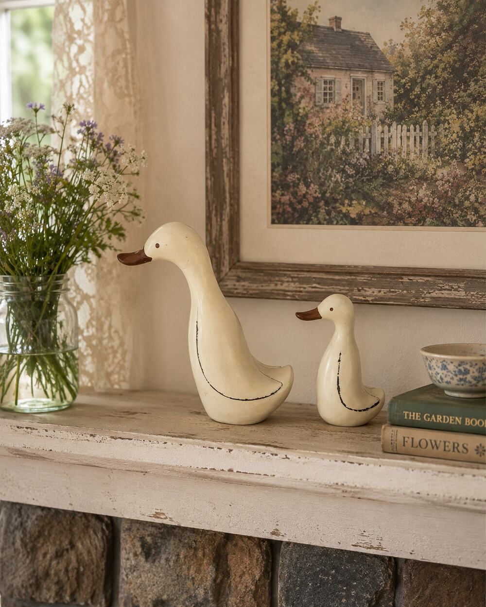 Vintage Mother and Baby Duck Statues Wood Look